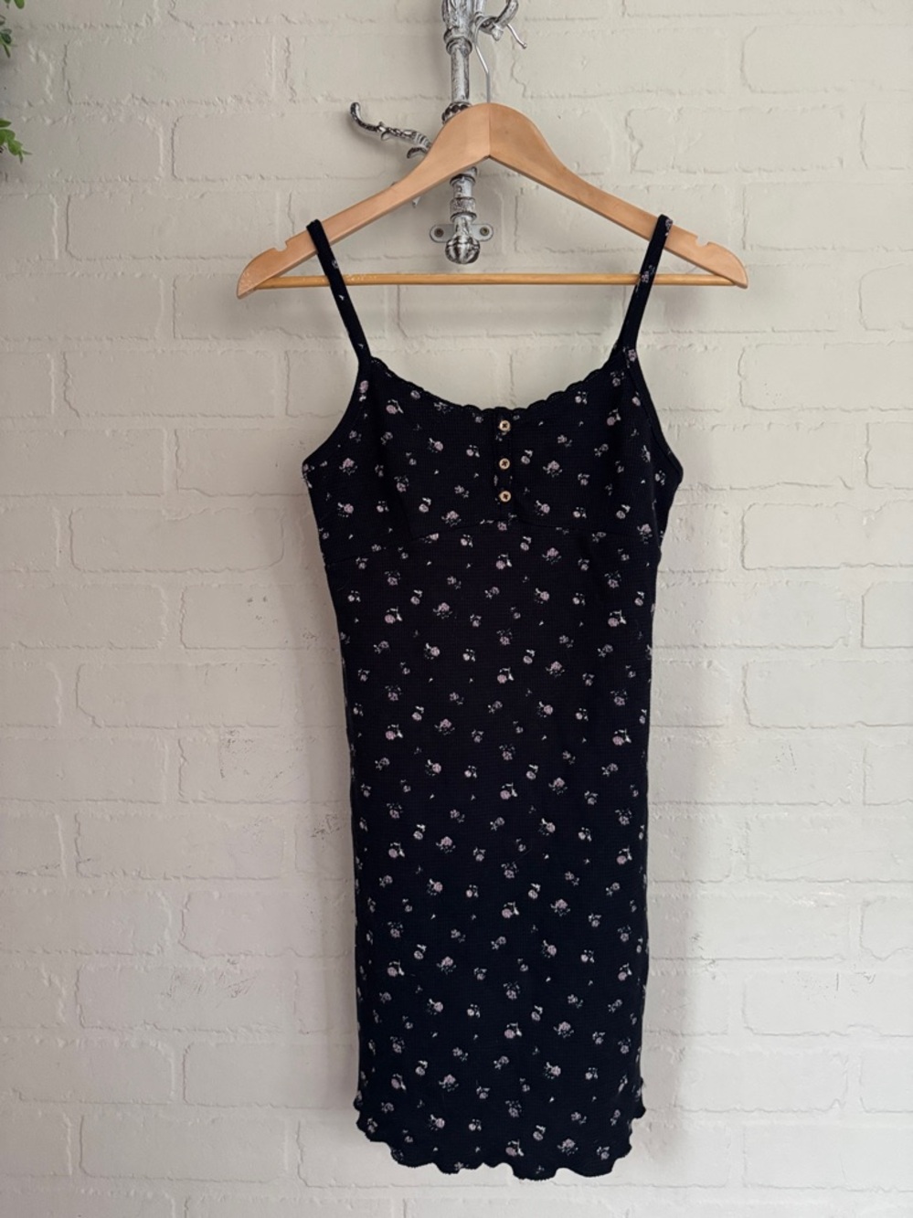 Kirious Black Dress mini Floral Design waffle weave thermal soft medium stretch
